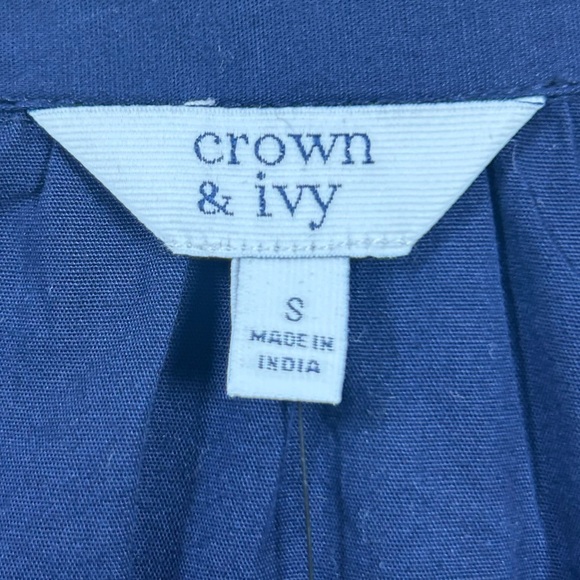 Crown & Ivy Navy Blue 3/4 Sleeve V Neck Pullover Blouse w/ White Trim Tie Sleeve - Picture 3 of 8
